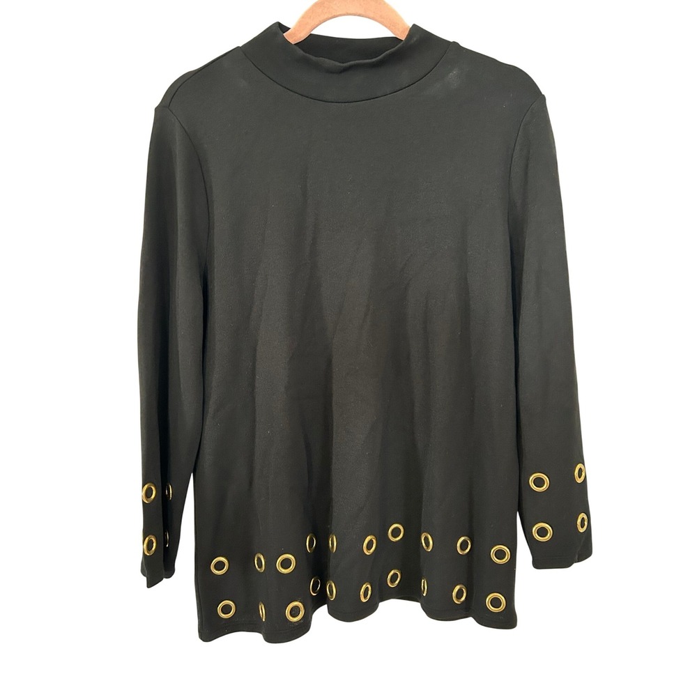Chicos Black Mock Neck Long Sleeve Top Gold Grommet Detail Size 1 (Standard 8)